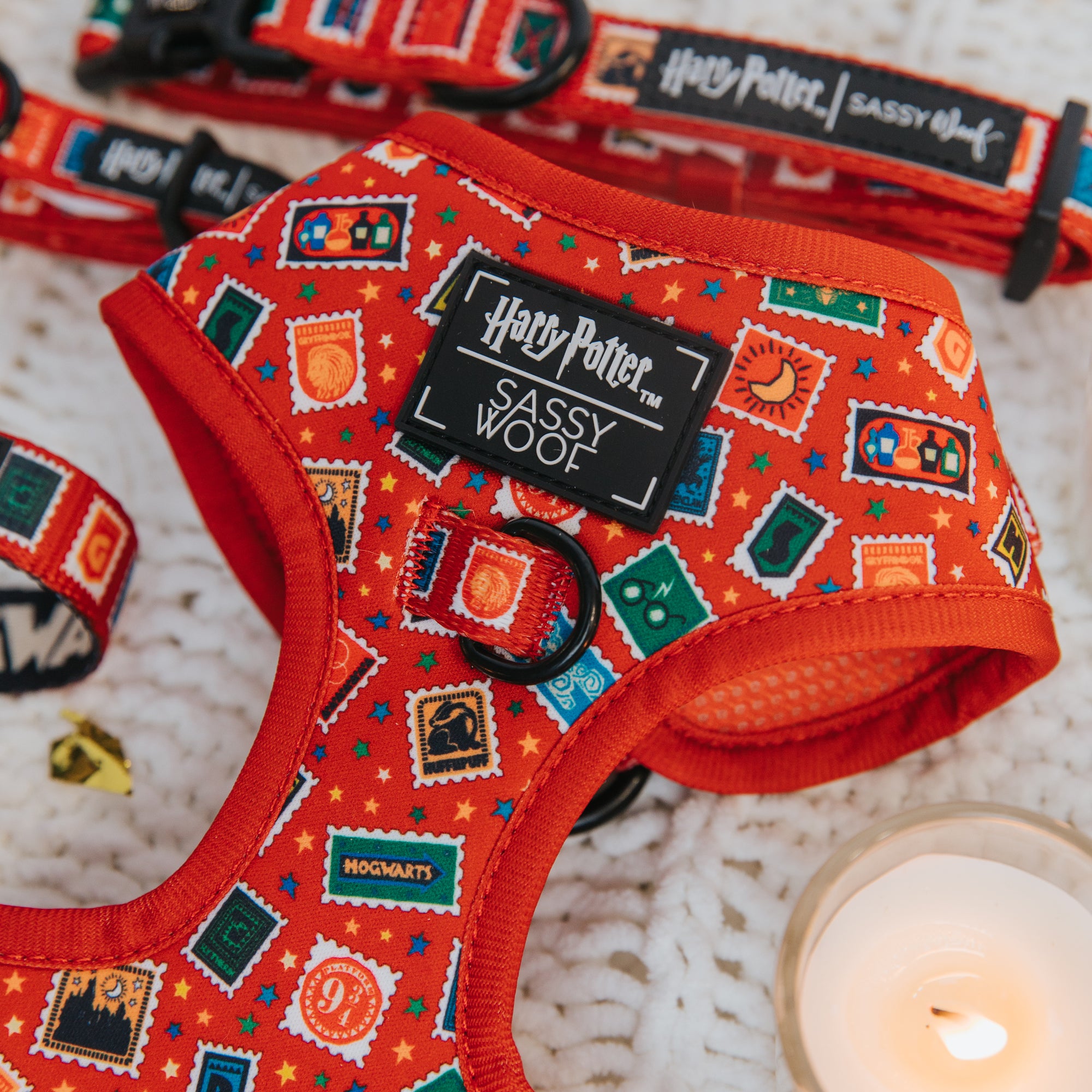 Red pet harness with 'Harry Potter' and 'Sassy Woof' branding on a textured surface.