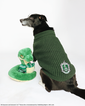 A black and white dog wearing the Sassy Woof Pet Cable Knit Sweater - Harry Potter™ Slytherin sits next to a plush green snake toy, both facing slightly to the side against a white background.