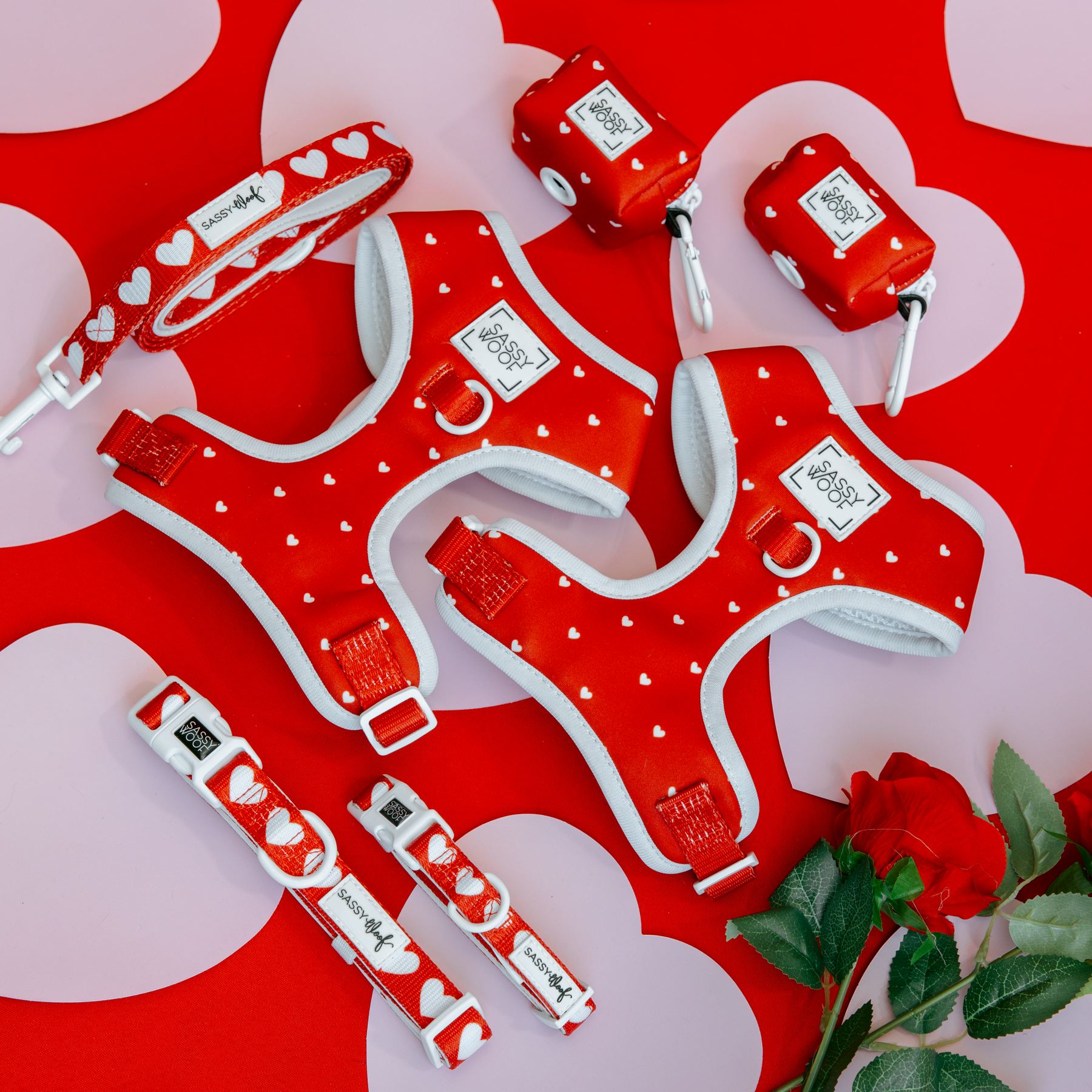 Red pet harness and leash set with white polka dots on a red and white heart pattern background.