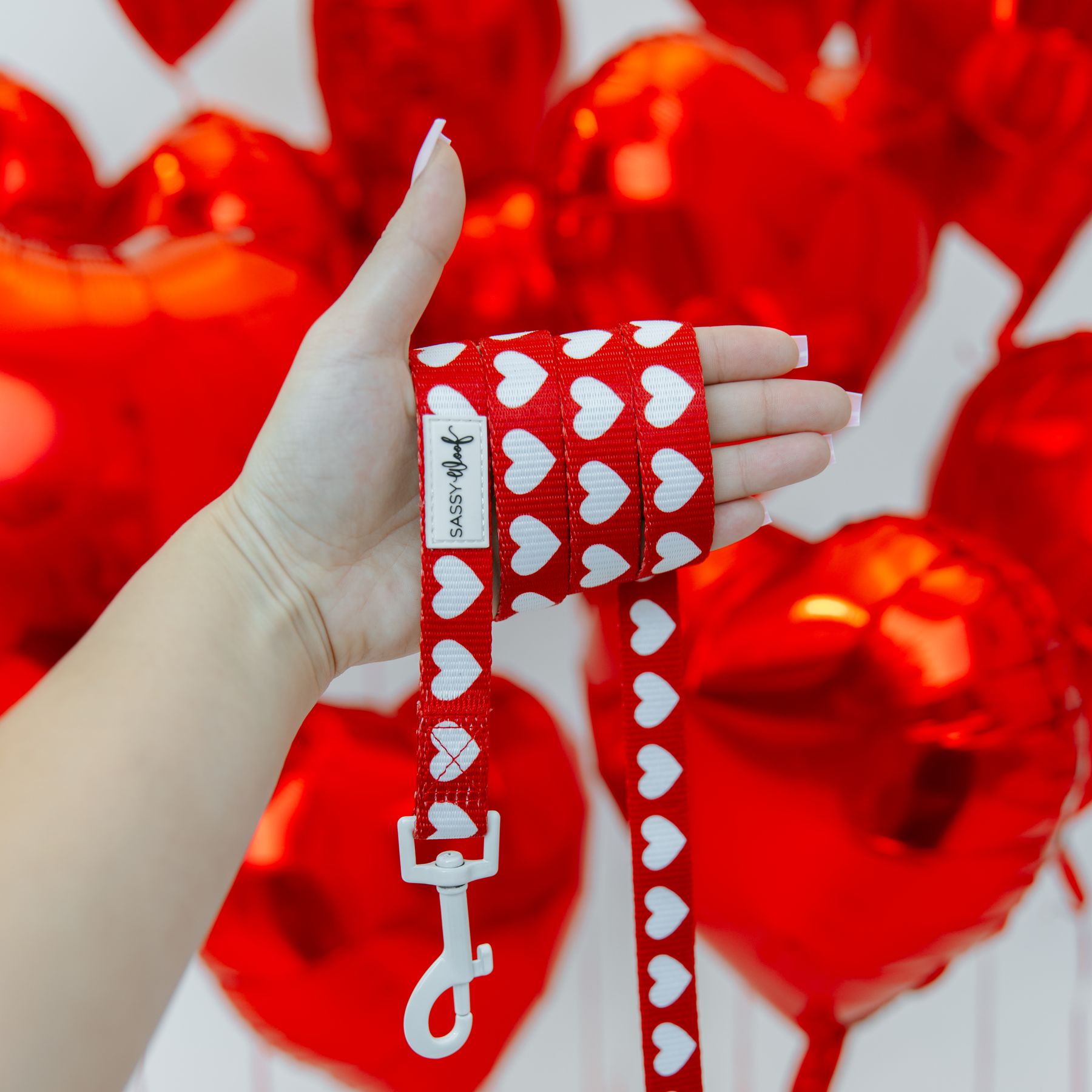 Hand holding a red dog leash with white heart patterns against a background of red balloons.