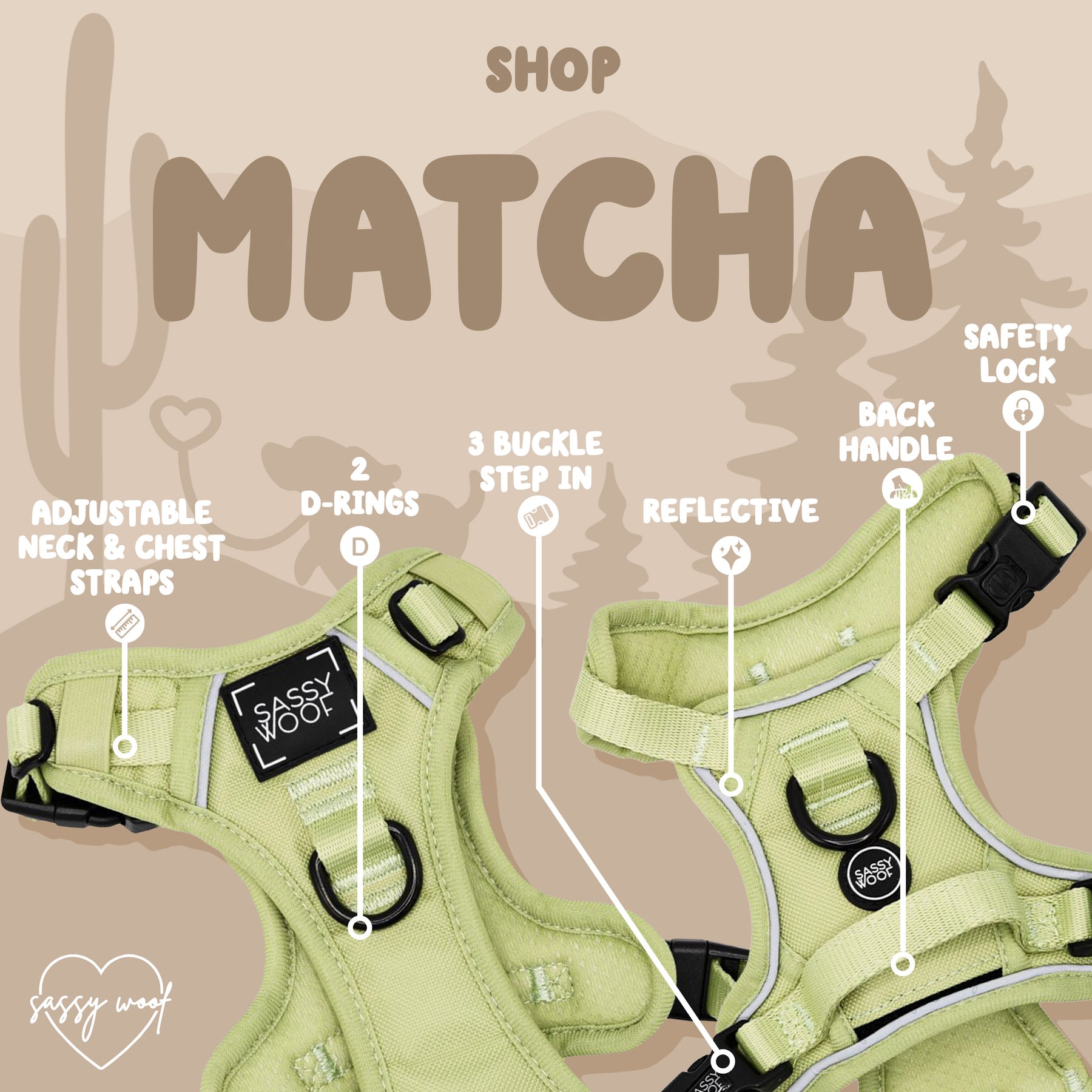 The Sassy Woof Dog Four Piece Bundle - Matcha includes a light green dog harness with adjustable straps, 2 D-rings, reflective strips, safety lock, and back handle—ideal for pairing with the matching collar on nature-inspired walks.