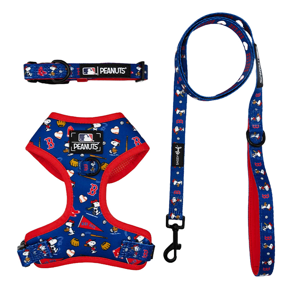 The Sassy Woof Harness Three Piece Bundle – MLB x Peanuts™ Boston Red Sox™ features Snoopy and Woodstock with baseball-themed details, official logos, red trim—ideal for fans—and includes the Puppy Growth Pawtection Plan.
