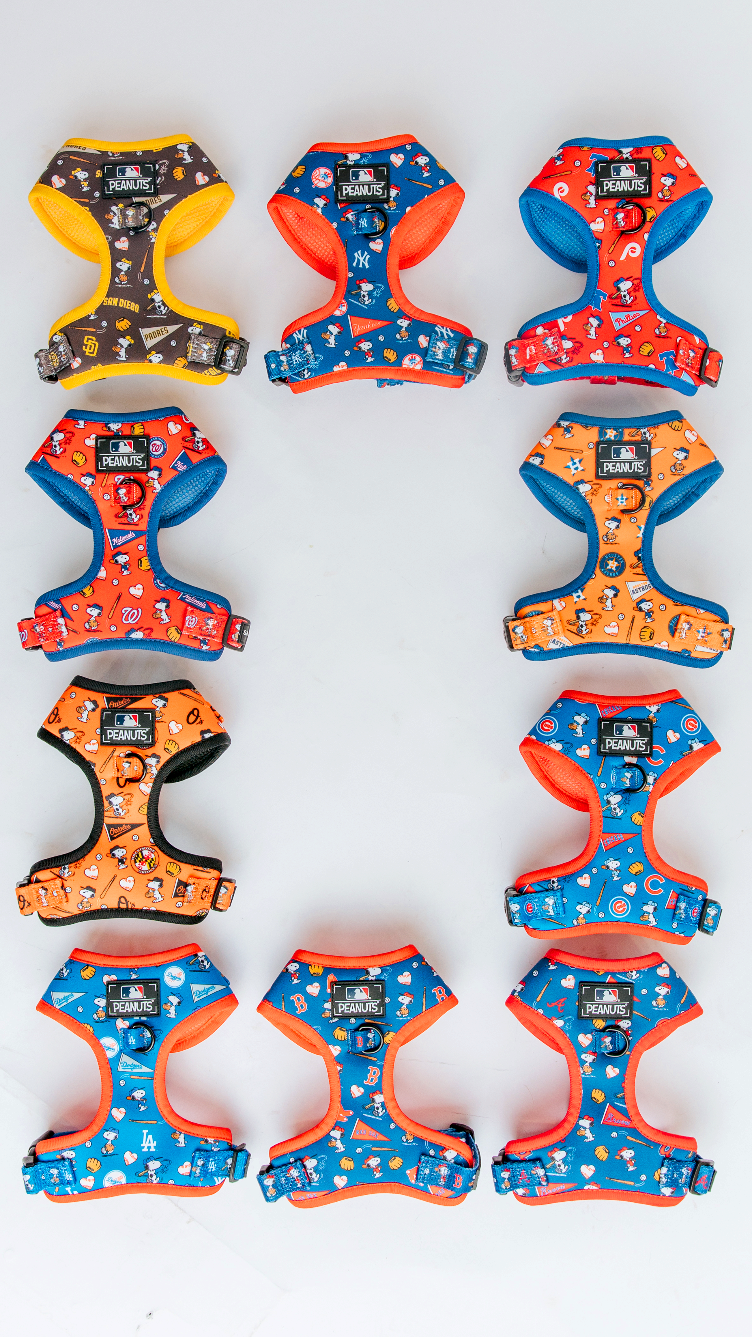 an assortment of dog harnesses