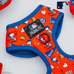 The Sassy Woof Harness Three Piece Bundle features MLB x Peanuts™ Washington Nationals™ logos, Snoopy art, and baseball motifs. Adjustable for puppies, it includes bold MLB and Peanuts patches—perfect for your pup’s growth!.