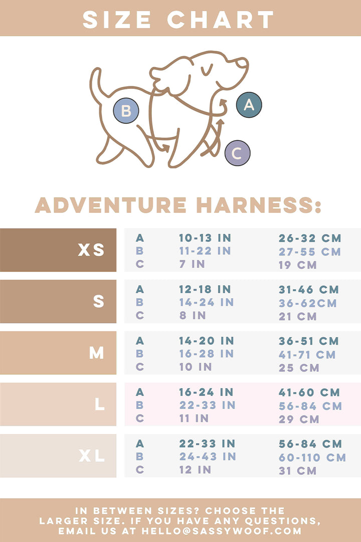 Size chart for Sassy Woof Dog Step-in Harness - Good Vibes with an illustration showing A (neck), B (chest), and C (back) measurements in both inches and cm, from XS to XL, for the best harness fit for your dog.