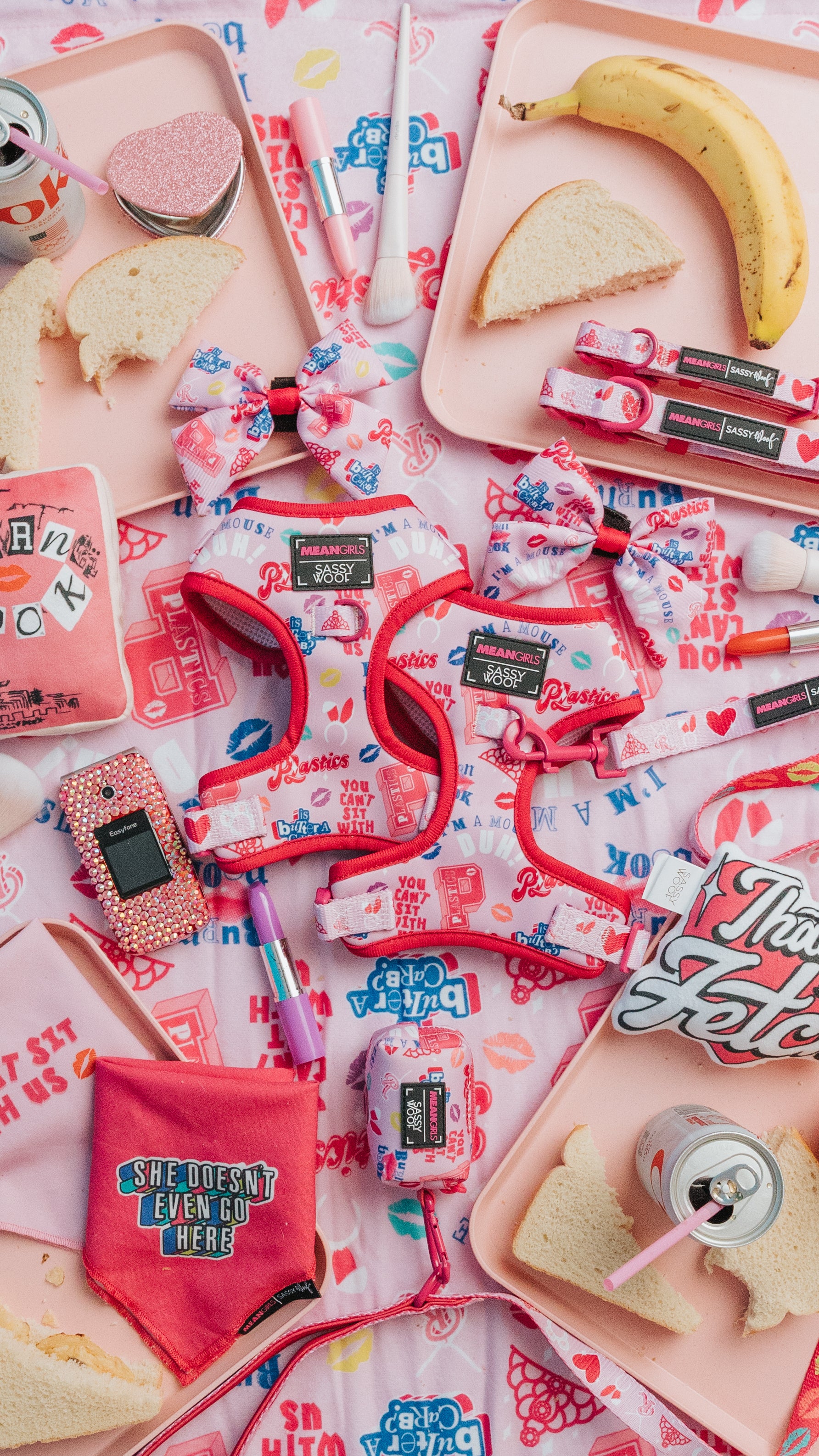 Colorful stationery items with cartoon characters on a pink background