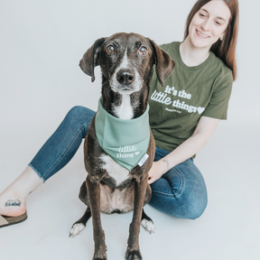 A woman and her black-and-white dog in a green bandana smile together, both wearing the Sassy Woof Human Tee - It’s the Little Things. These 100% ring-spun cotton shirts stand out against a minimal white background.