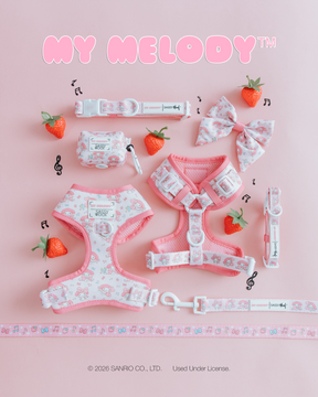 Sassy Woof's Dog Leash - My Melody™ is displayed with pink pet accessories, bow ties, and an adjustable harness on a pastel pink background decorated with strawberries, musical notes, and a measuring tape.