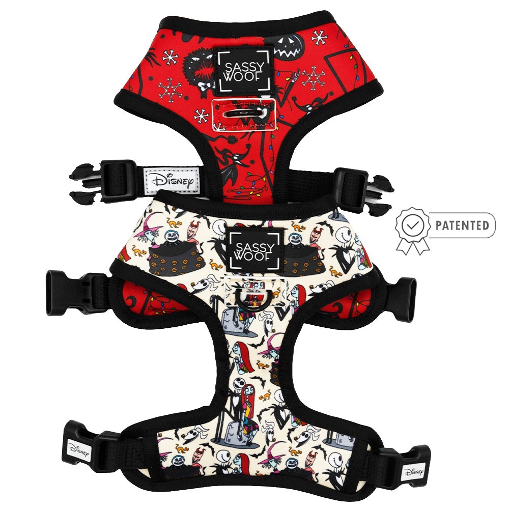 Two Sassy Woof Reversible Harnesses: one in red The Nightmare Before Christmas™ design with snowflakes, the other with colorful Disney prints. Includes a PATENTED badge and Puppy Growth Pawtection Plan for added peace of mind.