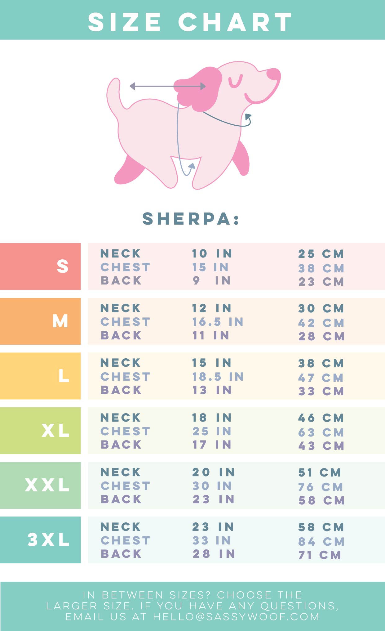 Marvel’s Spider-Man Dog Reversible Sherpa Jacket Size Chart – This handy guide from Sassy Woof features an illustrated pink dog showing exactly where to measure your pup’s neck, chest, and back. With measurements in inches and centimeters for S, M, L, XL, and 3XL sizes, it makes choosing the perfect fit for your dog easy—ideal when picking out the Dog Reversible Sherpa Jacket - Marvel’s Spider-Man by Sassy Woof.