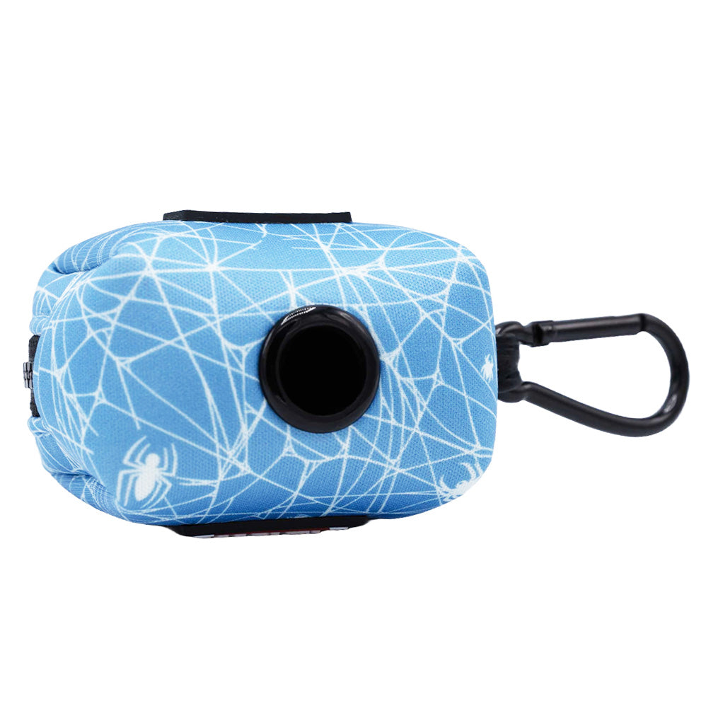 A blue rectangular dog waste bag holder from Sassy Woof, inspired by Marvel’s Spider-Man, featuring a white web pattern, a black circular opening, and an attached black clip for easy carrying. The phrase “Be Careful” appears multiple times across the front in playful superhero style—perfect for adventurous pups on the go.
