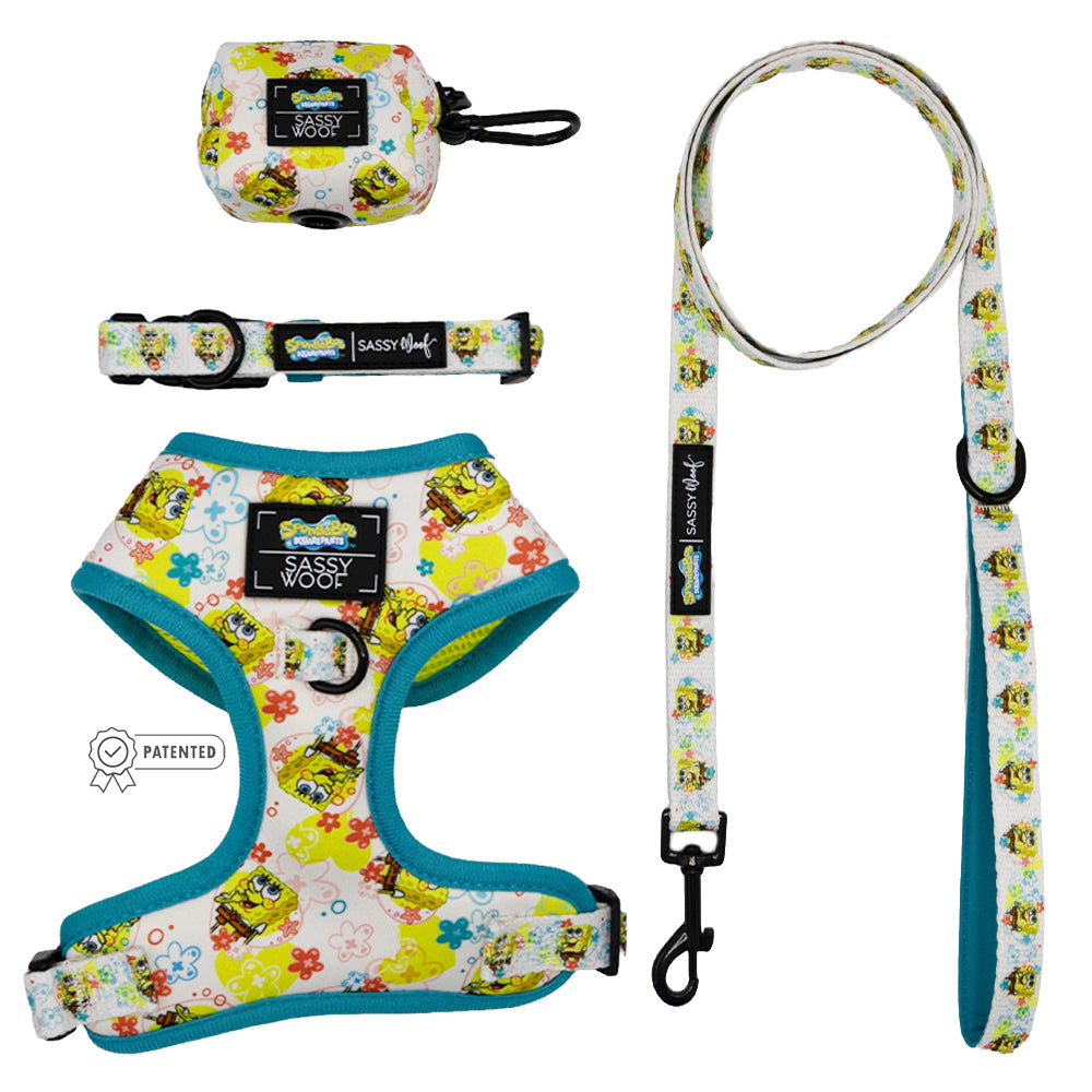 The Sassy Woof Dog Four Piece Bundle - SpongeBob SquarePants™ Bikini Bottom includes a colorful harness, leash, collar, and waste bag holder with teal trim and black clips, shown against a white background.
