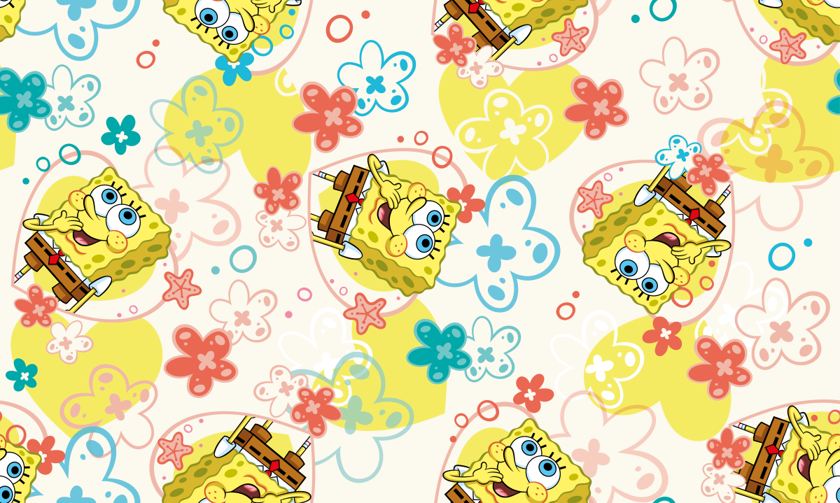 Cartoon pattern featuring SpongeBob SquarePants smiling in various poses, surrounded by colorful, overlapping flowers and abstract shapes on a light background.