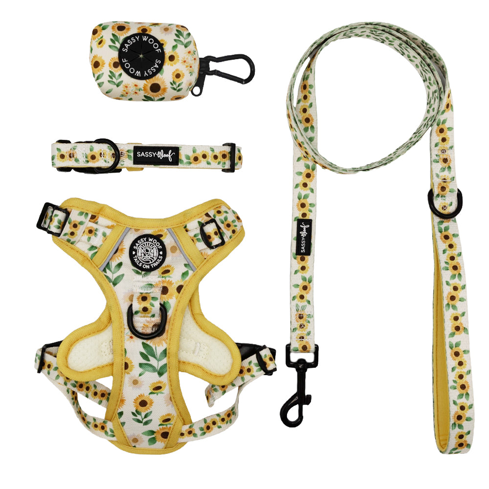 Sassy Woof's Dog Four Piece Bundle - Sunflower Dreams includes a harness, collar, leash, and waste bag holder in yellow and green with black clips—perfect outdoor accessories for a stylish walk.