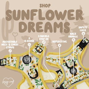 Graphic featuring the Sassy Woof Dog Four Piece Bundle - Sunflower Dreams, with labeled features: adjustable neck/chest straps, 2 D-rings, 3 buckle step-in, reflective details, back handle, and safety lock. Shop Sunflower Dreams!.