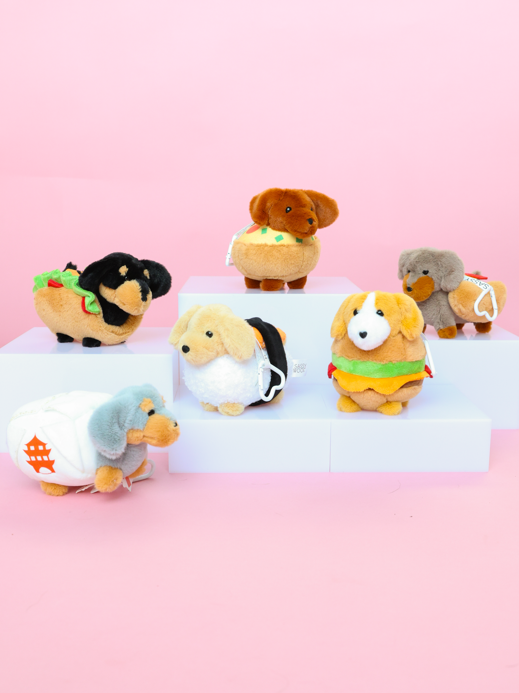 Six cute Sassy Woof stuffed Dachshund toy dogs—dressed as foods like taco, burger, hot dog, sushi, and sandwich—are displayed on white risers with a pink background. Find out which Blind Box plush keychain you’ll receive!.