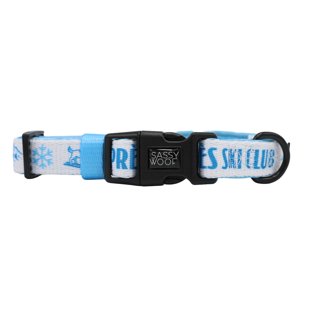 Introducing the Dog Collar – Après Ski Club by Sassy Woof: a light blue and white winter dog collar adorned with snowflake and ski graphics. This adjustable collar is crafted from soft neoprene for ultimate comfort and style, featuring a sturdy black plastic buckle marked with the Sassy Woof logo and a durable metal D-ring for easy leash attachment—perfect for keeping your pup cozy and chic all season long.