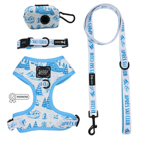 Introducing the Dog Four Piece Bundle - Après Ski Club by Sassy Woof: a blue and white set featuring ski resort illustrations, including an adjustable dog collar, leash, waste bag holder, and harness—all labeled Après Ski Club. The perfect winter accessories for stylish pups on chilly adventures.