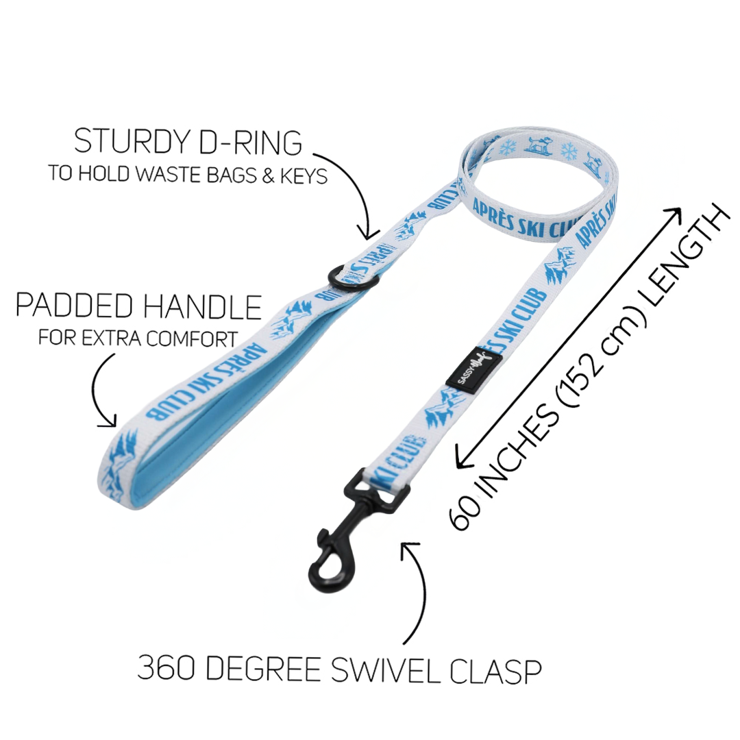 Introducing the Sassy Woof Dog Two Piece Bundle - Après Ski Club: This light blue dog leash features a padded handle for comfort, a sturdy D-ring, and a black 360-degree swivel clasp. Measuring 60 inches (152 cm) long, it’s the ideal cozy winter accessory for your pup’s chilly strolls. Complete the look by pairing it with the matching Après Ski Club dog harness or adjustable harness—all highlighted on a crisp white background for maximum style impact.