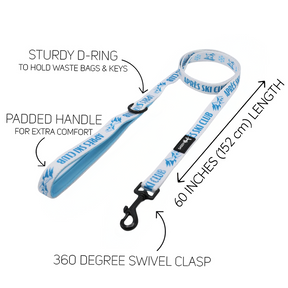 Introducing the Sassy Woof Dog Two Piece Bundle - Après Ski Club: This light blue dog leash features a padded handle for comfort, a sturdy D-ring, and a black 360-degree swivel clasp. Measuring 60 inches (152 cm) long, it’s the ideal cozy winter accessory for your pup’s chilly strolls. Complete the look by pairing it with the matching Après Ski Club dog harness or adjustable harness—all highlighted on a crisp white background for maximum style impact.