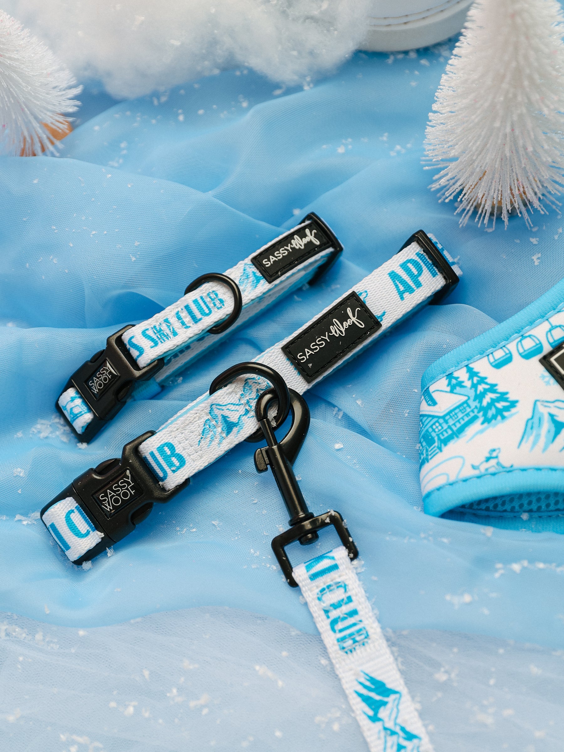 The Sassy Woof Dog Collar - Après Ski Club features a blue and white design with mountain motifs, perfectly capturing winter style for your pup. Adjustable and made from soft neoprene, this collar blends comfort, durability, and playful seasonal flair. Shown as part of a matching collar and leash set labeled “Ski Club” by Sassy Woof, it’s displayed on blue fabric with white faux snow and miniature trees for a festive touch.