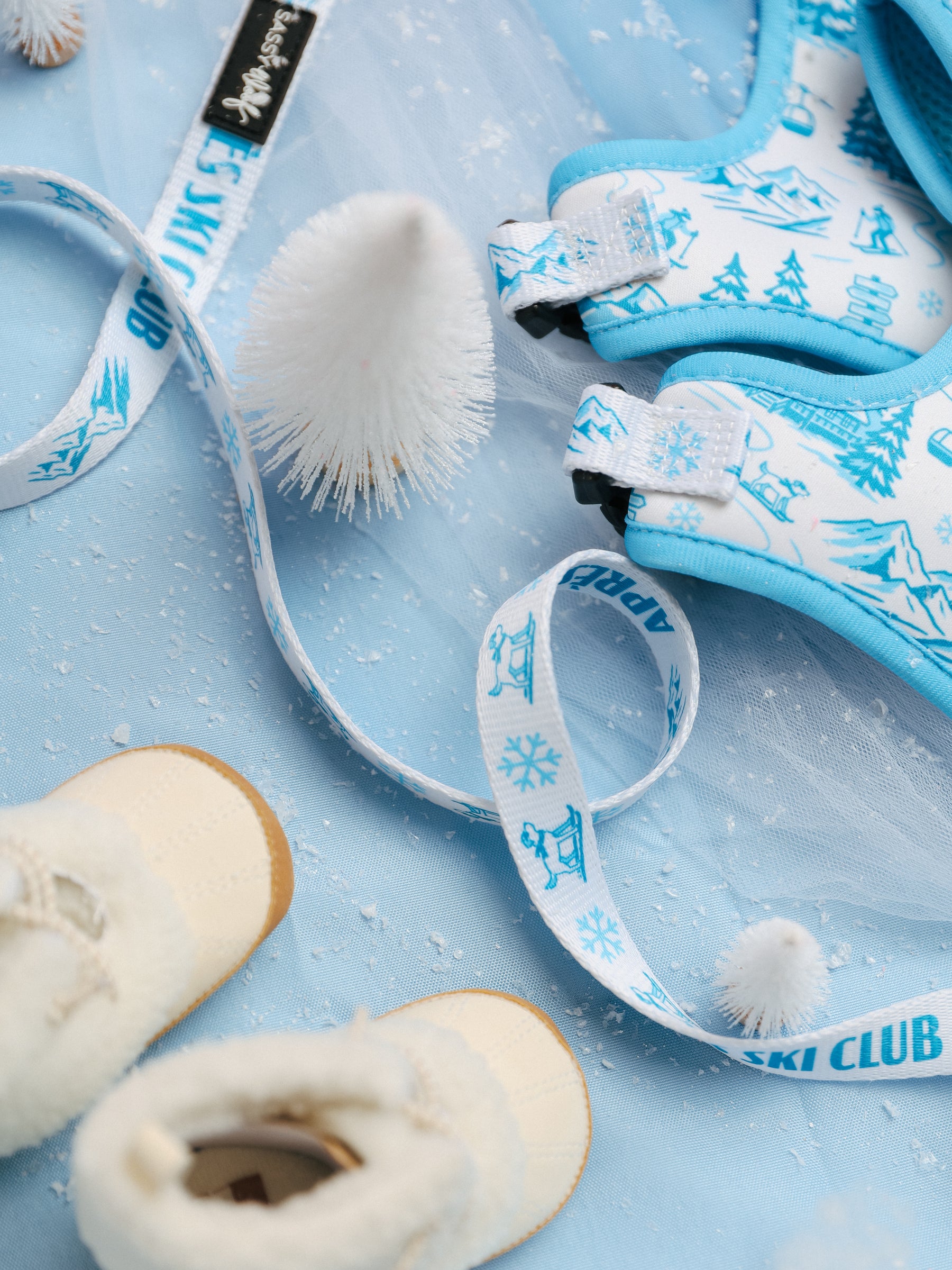 Blue and white winter-themed accessories—including mittens, boots, ribbon adorned with snowflakes, faux snow, and small white bottle brush trees—are artfully arranged on a light blue background alongside the Sassy Woof Dog Leash - Après Ski Club, which features a padded neoprene handle for comfort. This setup creates the perfect apres-ski vibe for you and your pup.