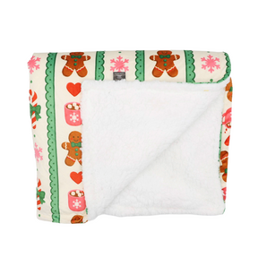 Snuggle up your furry friend with the Sassy Woof Pet Blanket - Cocoa & Cookies, featuring a festive holiday design with gingerbread men, hearts, and snowflakes on one side and soft white fleece on the other. Part of our cozy winter collection, it’s the perfect holiday-season gift for pets!.