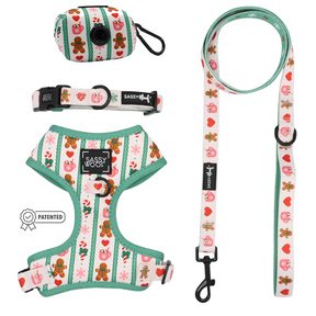 Celebrate the season with the Dog Four Piece Bundle - Cocoa & Cookies from Sassy Woof. This festive set includes a dog harness, leash, collar, and waste bag holder, all adorned with green trim and a charming pattern of gingerbread men, hearts, and holiday icons. The adjustable harness features an eye-catching Sassy Woof label for added holiday flair.