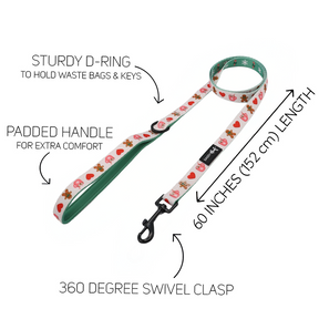 Brighten your walks with the Sassy Woof Dog Collar Three Piece Bundle - Cocoa & Cookies, featuring a dog leash adorned with vibrant paw and heart patterns from the festive Cocoa & Cookies collection. Enjoy added comfort from a padded handle and convenience from a sturdy D-ring for waste bags or keys. Designed to pair seamlessly with the included holiday dog collar or matching waste bag holder, this 60-inch (152 cm) leash features a 360-degree swivel clasp. Product features are clearly labeled by arrows on