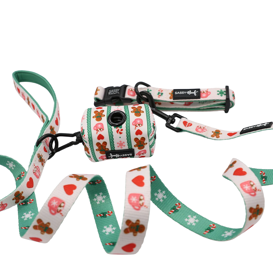 Celebrate the season with Sassy Woof’s Dog Collar Three Piece Bundle - Cocoa & Cookies, a cheerful set that includes a holiday dog collar, leash, and waste bag holder. This festive collection showcases playful hearts, candy canes, gingerbread cookies, and mushrooms arranged on a crisp white background with charming green and cream accents.