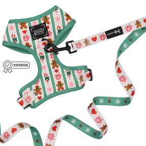 Introducing the Dog Two Piece Bundle - Cocoa & Cookies from Sassy Woof. This festive harness and leash set, part of the Cocoa & Cookies collection, showcases green edges and playful designs of gingerbread men, candy canes, hearts, and snowflakes on a crisp white backdrop. The set features visible Sassy Woof labels with a patented symbol next to the harness—an ideal choice for anyone looking for charming holiday dog accessories.