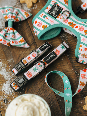 Sassy Woof’s “Dog Collar - Cocoa & Cookies” and matching festive accessories featuring gingerbread and heart motifs—including a bow, harness, two adjustable collars, and a leash—are displayed on a wooden surface dusted with snow-like powder, next to a cozy whipped cream drink.