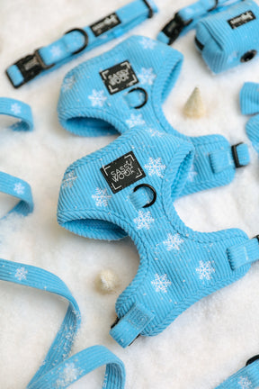 Sassy Woof Dog Four Piece Bundle - Morning Frost featuring a light blue adjustable harness, collar, leash, and waste bag holder with a white snowflake pattern, arranged on a white snowy surface.