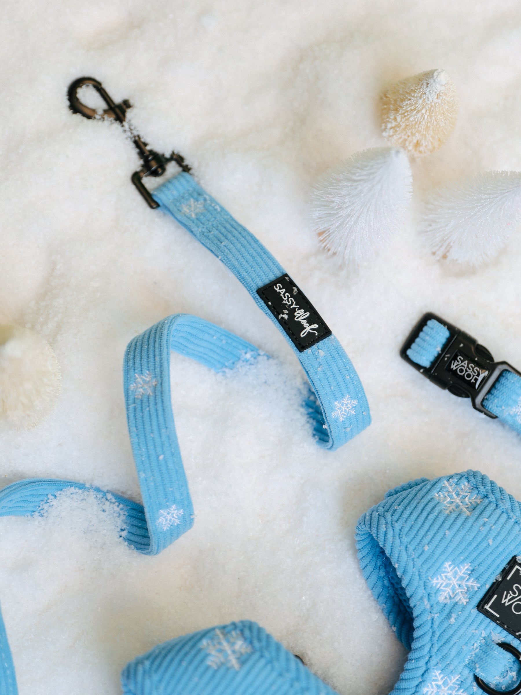 Sassy Woof Dog Collar Three Piece Bundle - Morning Frost in light blue, featuring a snowflake pattern displayed on a snowy surface with miniature decorative trees.