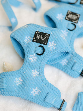 Two light blue adjustable dog harnesses from the Sassy Woof Dog Two Piece Bundle - Morning Frost, featuring a white snowflake pattern and black hardware.