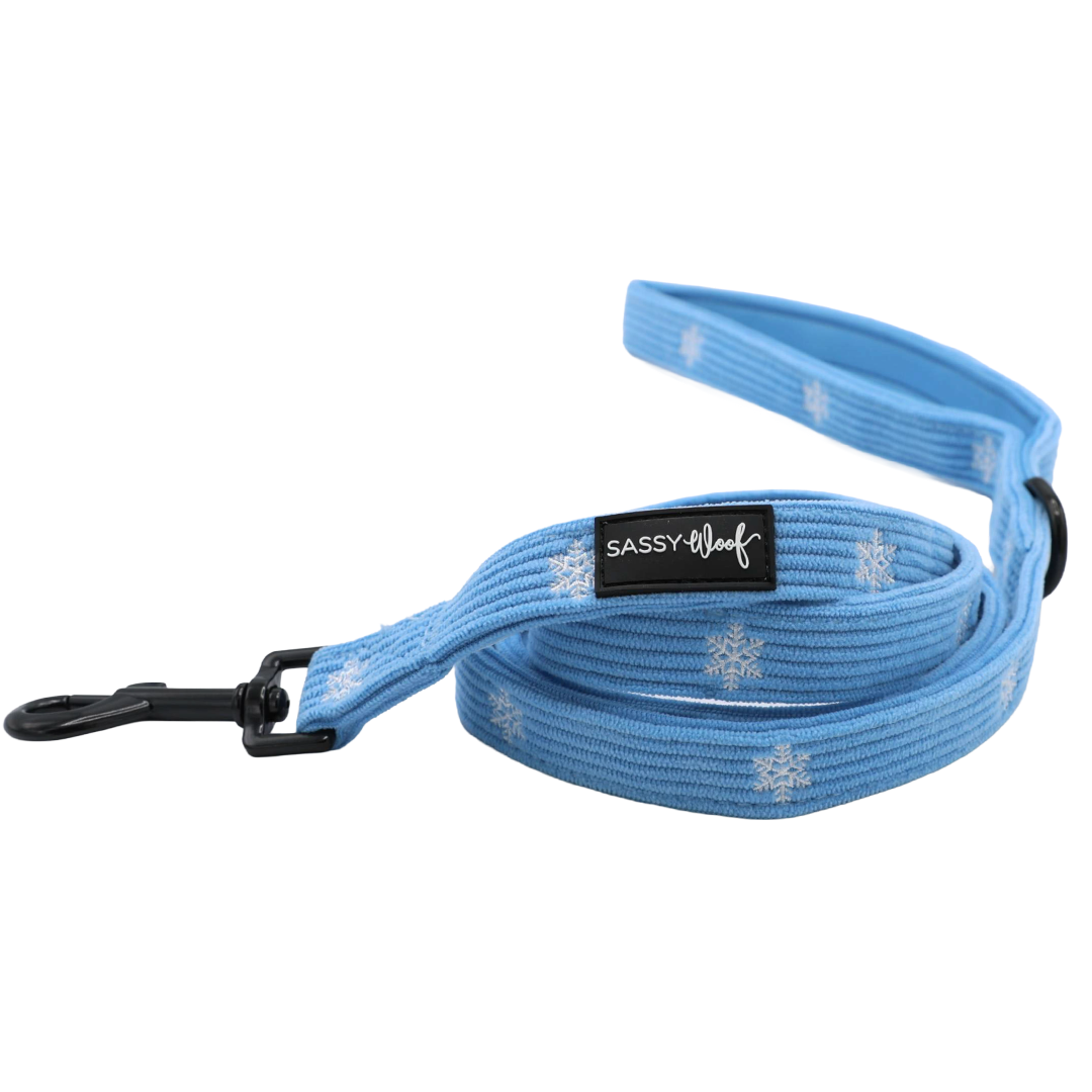 Light blue Morning Frost Dog Two Piece Bundle leash featuring a white snowflake pattern and a black metal clip.