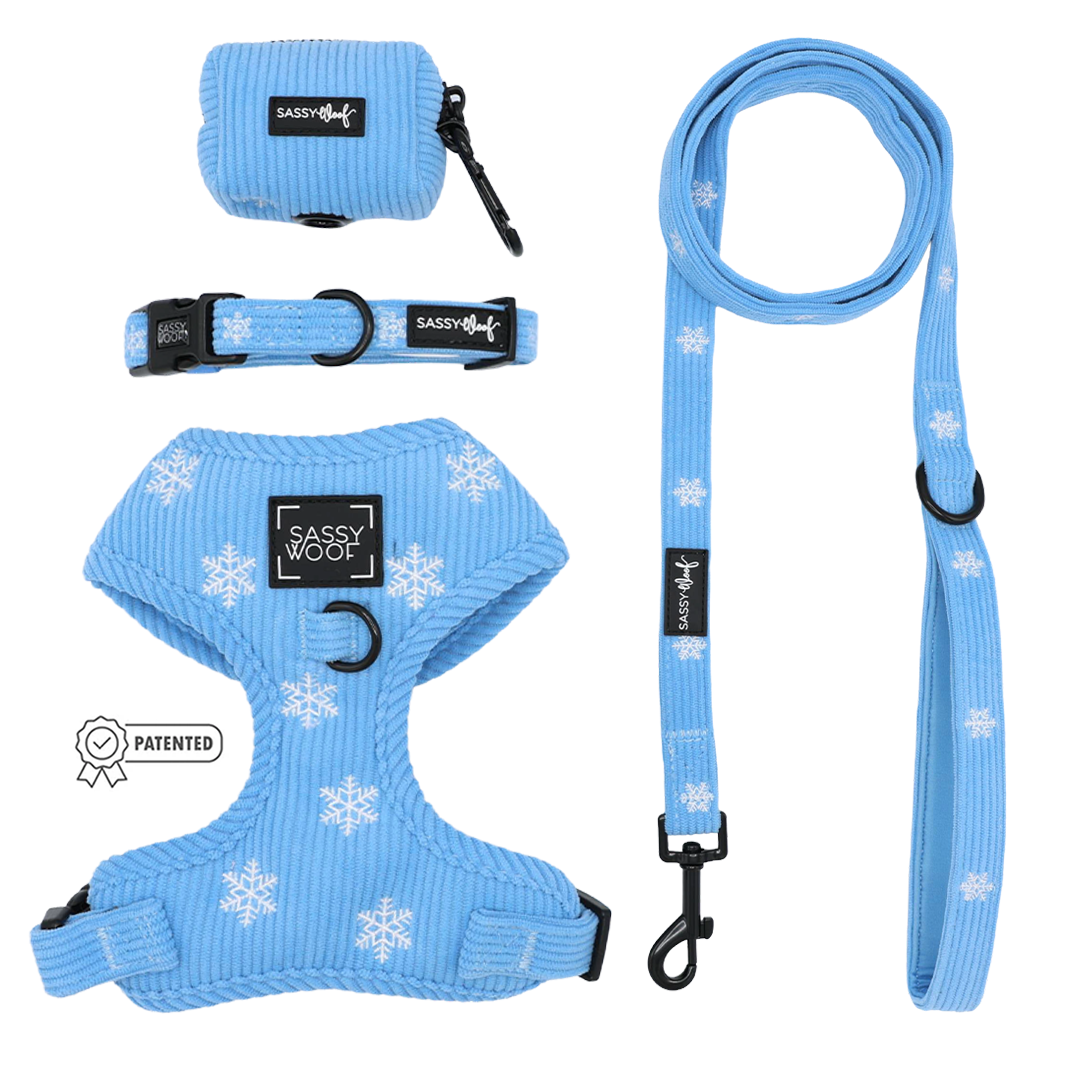 Sassy Woof Dog Four Piece Bundle - Morning Frost: a light blue adjustable dog harness, collar, leash, and waste bag dispenser with a white snowflake pattern and black hardware.