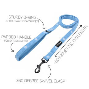 Sassy Woof Dog Two Piece Bundle - Morning Frost dog leash in light blue with a white snowflake pattern, featuring a padded handle, a D-ring, and a 360-degree swivel clasp, measuring 60 inches in length.