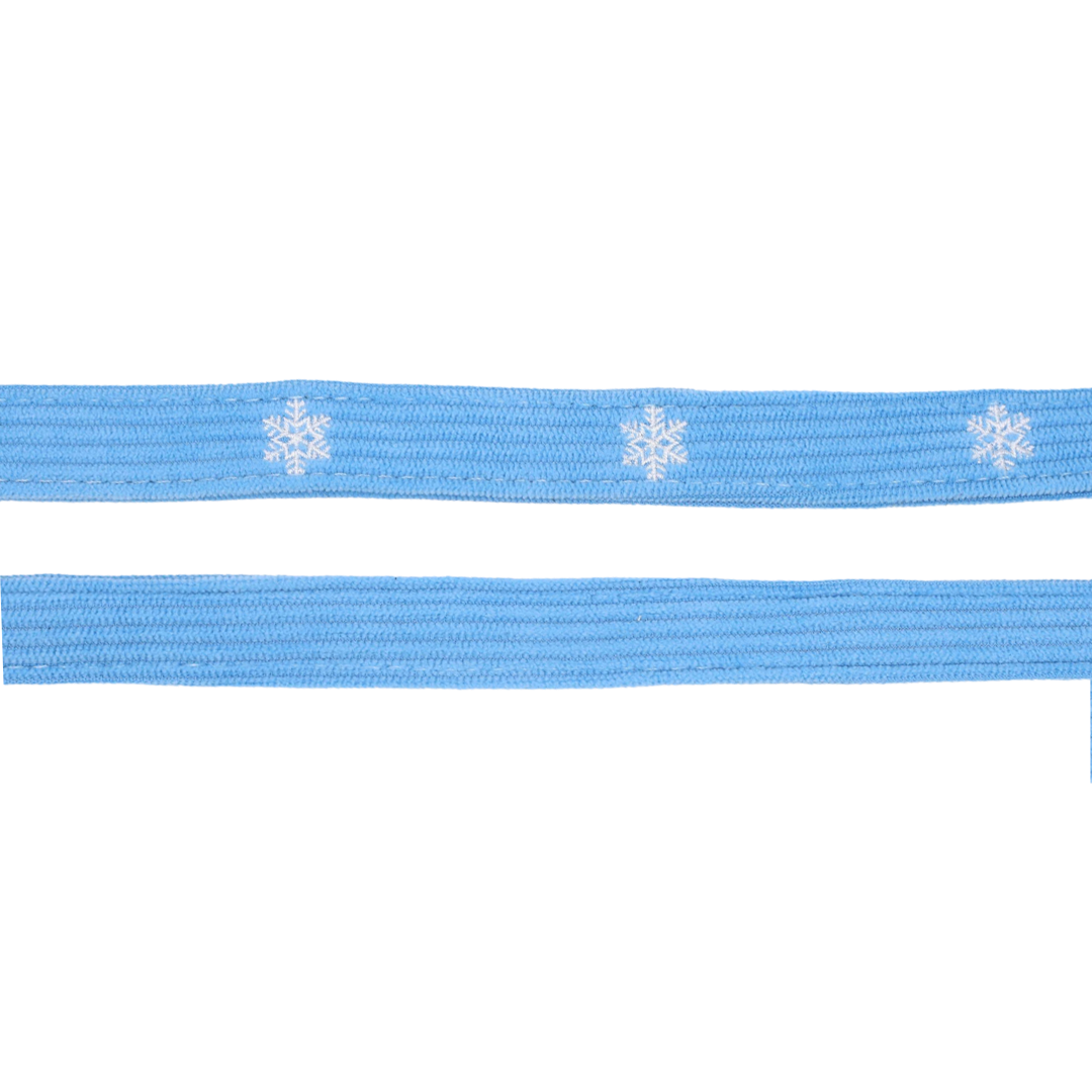 Two light blue dog leashes from the Dog Four Piece Bundle - Morning Frost, one with a white snowflake pattern and the other plain.