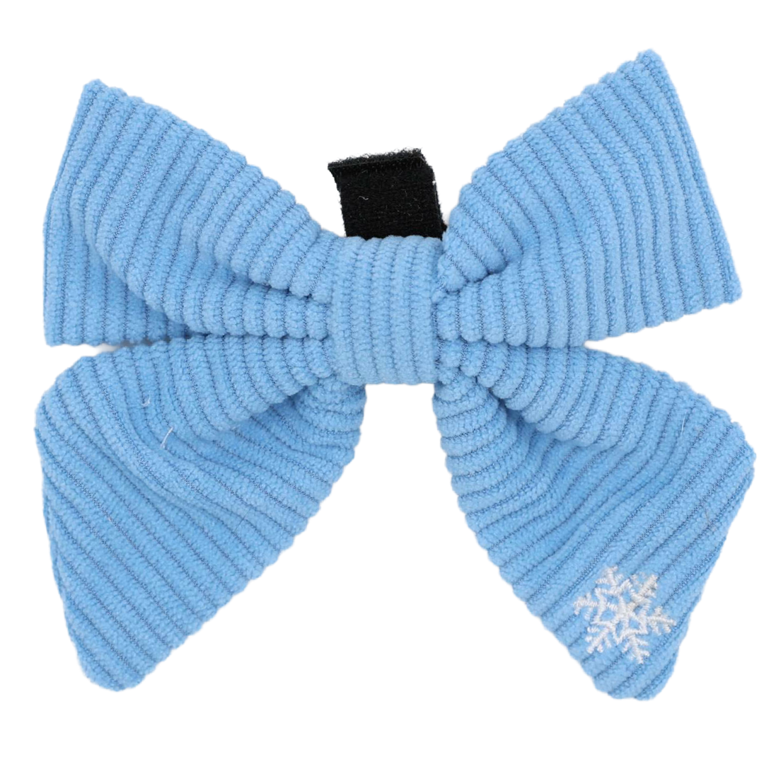 Light blue Sassy Woof Dog Sailor Bow - Morning Frost featuring a small white snowflake embroidery on one end.