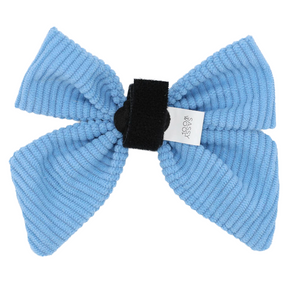 Sassy Woof Dog Sailor Bow - Morning Frost featuring a light blue corduroy bow with a black velcro attachment strap.