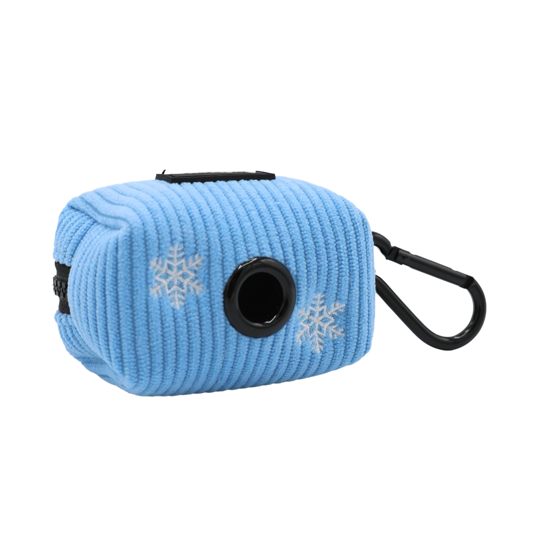 Light blue rectangular Dog Collar Three Piece Bundle - Morning Frost waste bag dispenser featuring white snowflake patterns and a black carabiner.