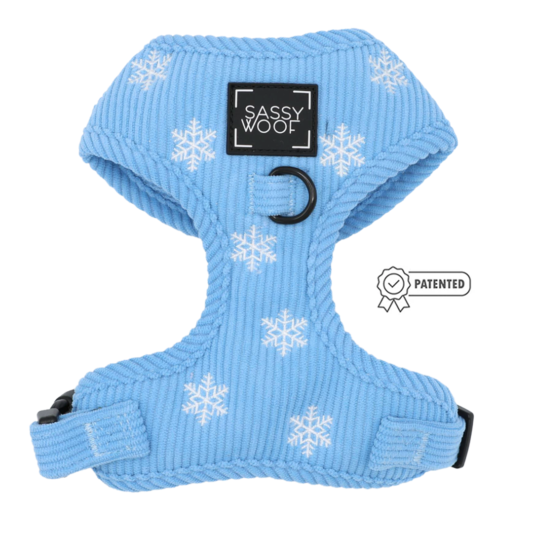 Adjustable light blue Dog Two Piece Bundle - Morning Frost harness featuring a white snowflake pattern and a small badge labeled Patented.