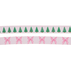 Two horizontal strips of ribbon: the top one, inspired by the Sassy Woof Dog Collar Three Piece Bundle - Pretty in Pine, showcases a repeating pattern of green Christmas trees; the bottom one features a delightful row of pink bows—both set against a light background, making for festive winter dog accessories perfect for the season.