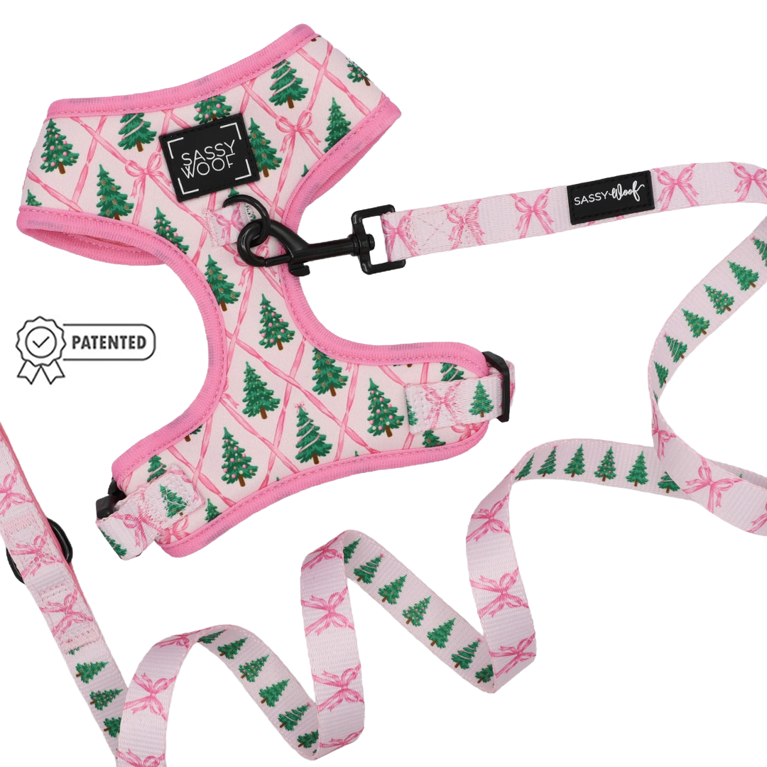 Introducing the Sassy Woof Dog Two Piece Bundle - Pretty in Pine, an adjustable dog harness and leash set from the Pretty in Pine collection. Showcasing vibrant green Christmas trees and charming pink ribbon patterns, this bundle is perfect for winter dog accessories. The harness features signature Sassy Woof branding, a secure black leash clip, and a Patented icon on the left.