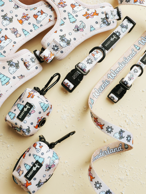 The Sassy Woof Dog Collar Three Piece Bundle from the Weenie Wonderland Collection features a festive dog collar, harness, leash, and waste bag holder—all adorned with playful cartoon dog and tree patterns on a cream background—artfully arranged on a light beige surface.