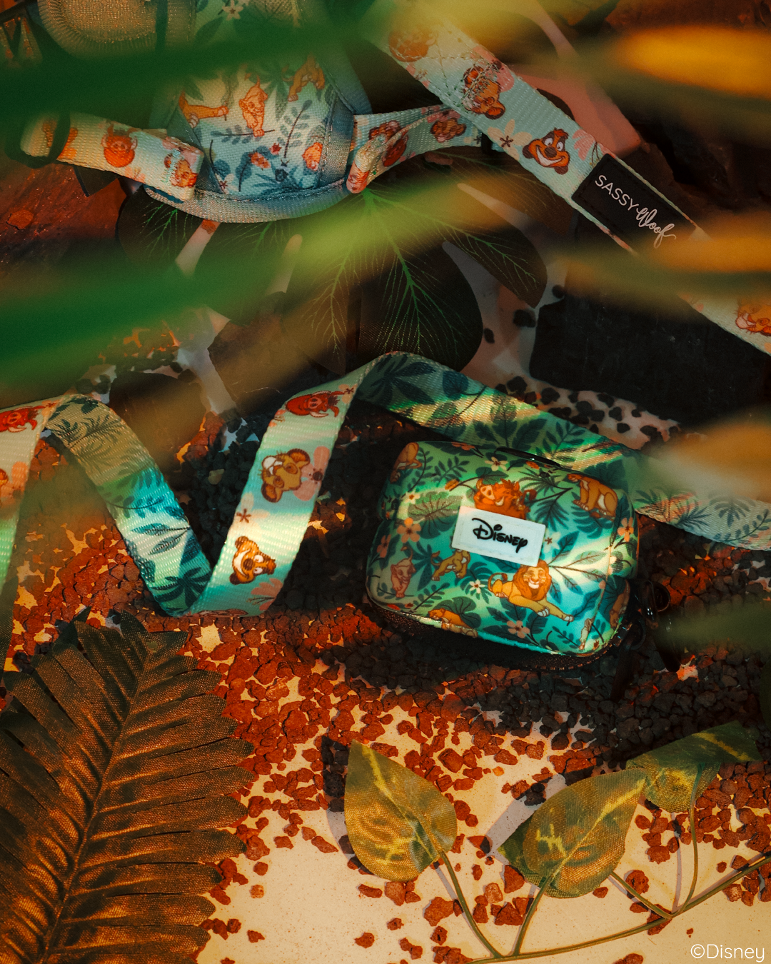 Sassy Woof’s Dog Leash – Disney’s The Lion King Wild Kingdom, surrounded by brown pebbles, green leaves, and warm sunlight filtering through foliage—perfect for those who love the wild adventure of a Lion King dog harness or a Disney dog harness.