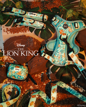 Sassy Woof’s Dog Two Piece Bundle – Disney’s The Lion King Wild Kingdom is displayed on faux rocks and tropical leaves with scattered kibble, featuring themed dog accessories such as a harness, leash, collar, and waste bag holder.