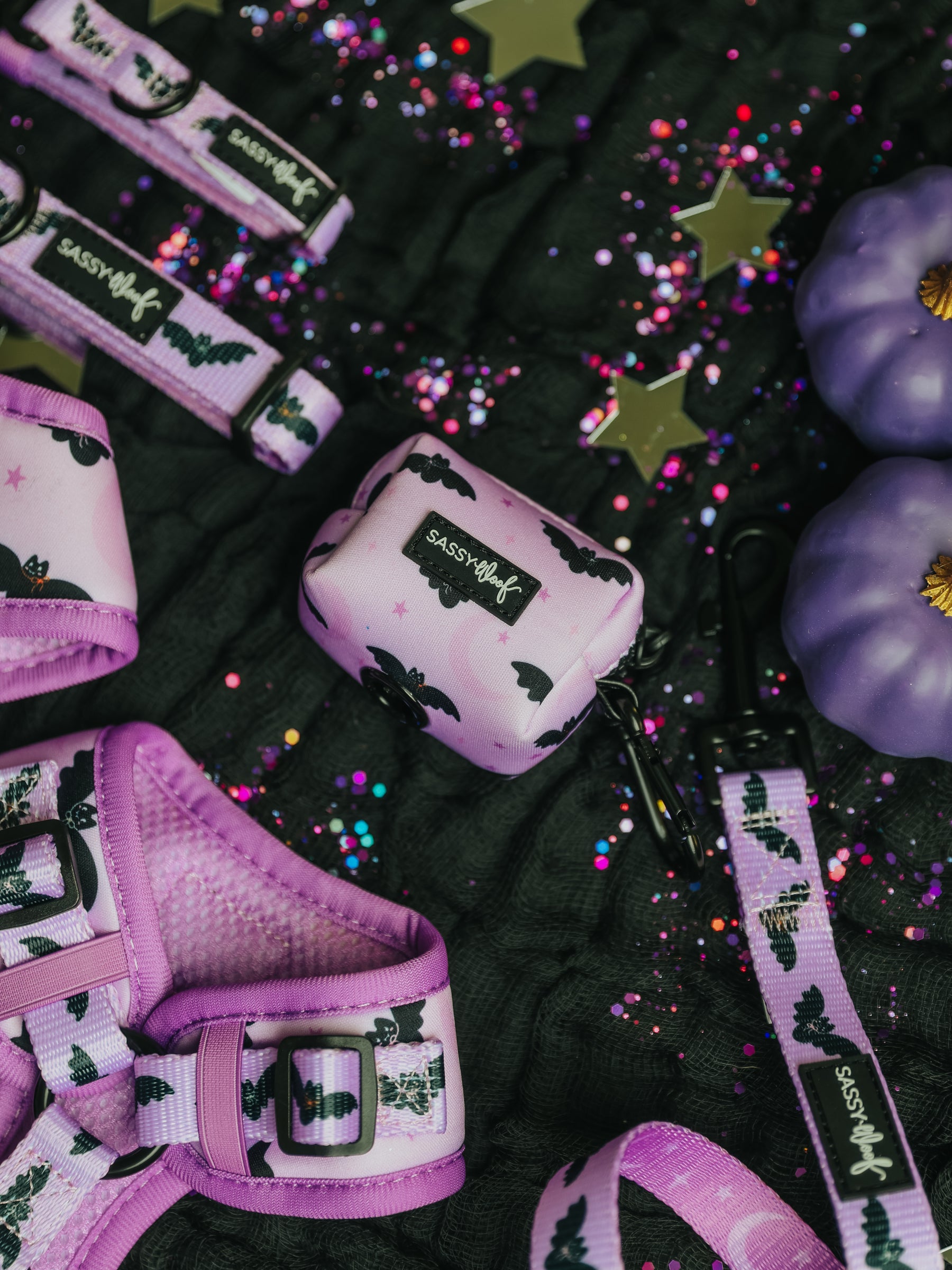 Sassy Woof’s Dog Three Piece Bundle - Lil Batty, featuring pink and purple dog accessories with a playful bat pattern, is displayed on a black textured surface surrounded by purple pumpkins, gold star confetti, and colorful glitter.