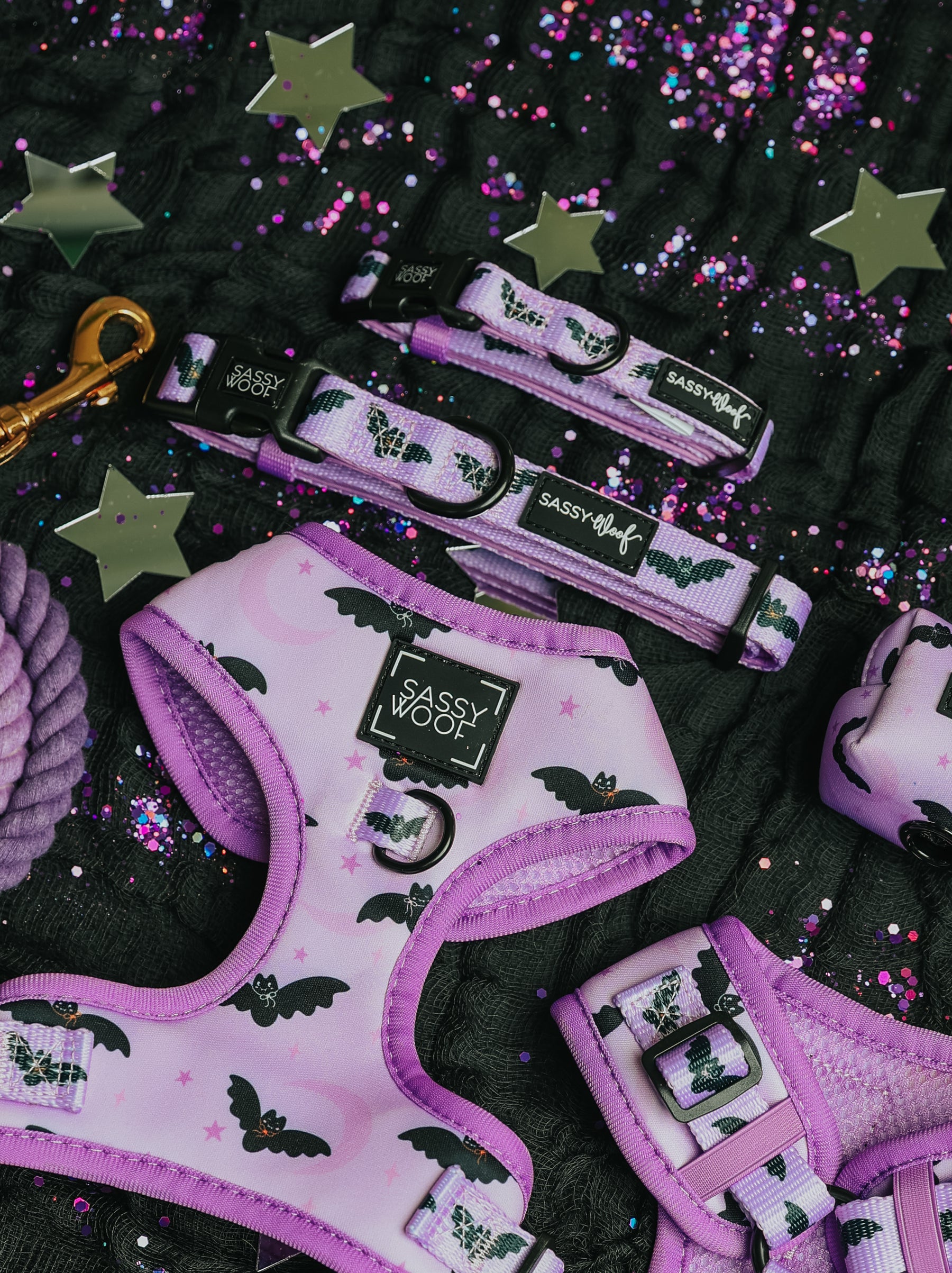 Add a touch of spooky flair to your pup’s Fall look with the Sassy Woof Dog Adjustable Harness - Lil Batty, featuring a fun purple and black bat-themed design. Shown here with matching collar and leash on a black surface sprinkled with purple glitter and gold star confetti, this harness set is the perfect Halloween-inspired accessory for your dog.